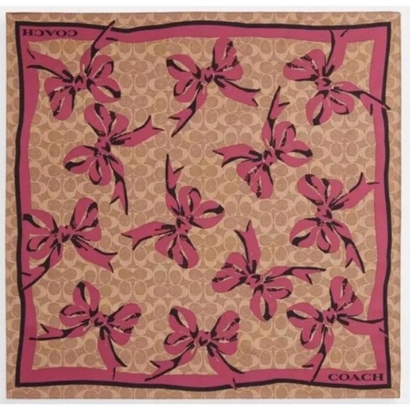 Coach Signature Bow Print Silk Bandana CZ527 Tan/Pink NWT - Picture 1 of 5